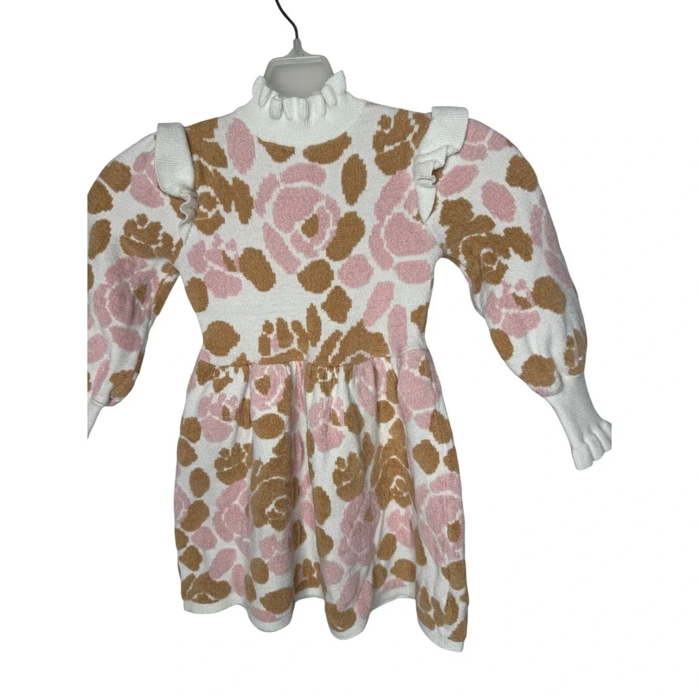Janie and Jack Girls Pink Tan Floral Leopard Ruffle Mock Neck Sweater Dress 3T